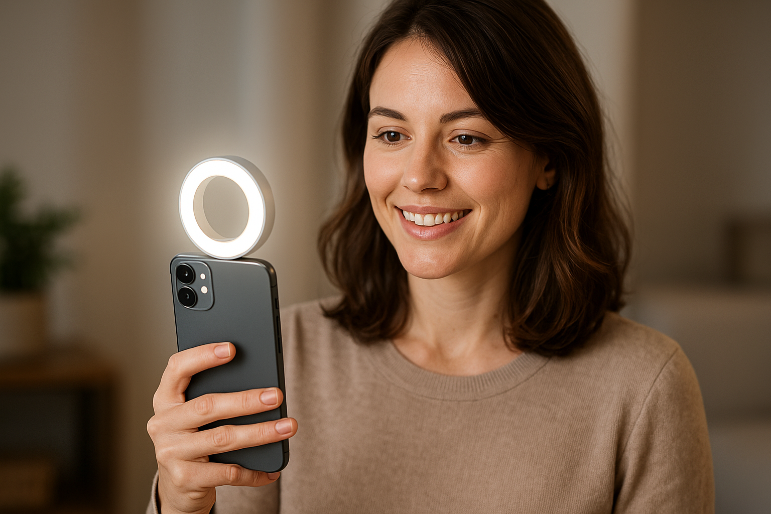 a woman holding a phone with a magnetic phone light